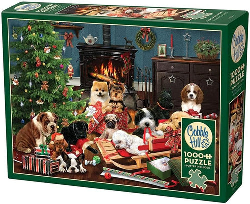Christmas Puppies by the Fireside - 1000 Piece Jigsaw Puzzle (Cobble Hill) - Completed Puzzle