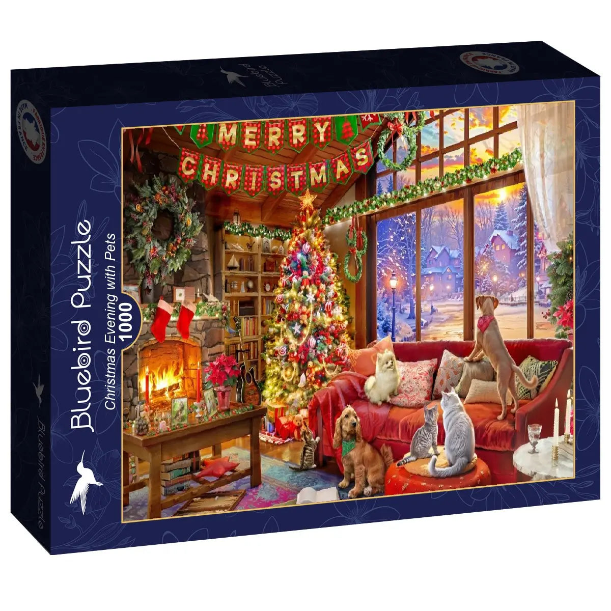 Box, turned right: Christmas Evening with Pets - 1000 Piece Jigsaw Puzzle (Bluebird)