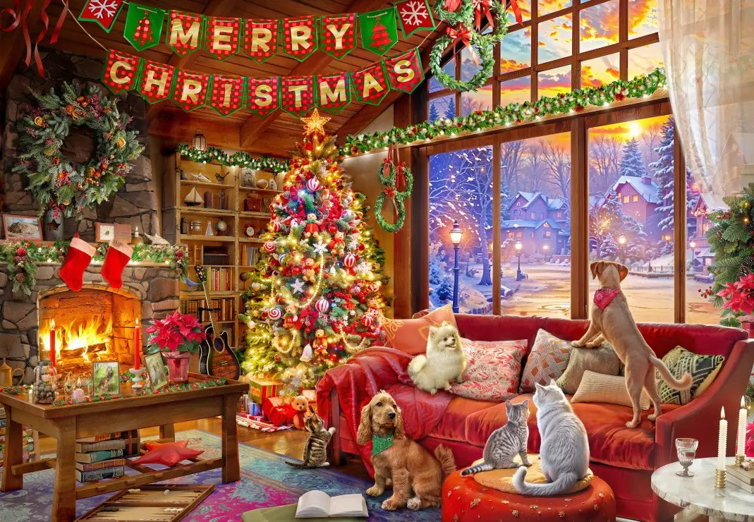 Christmas Evening with Pets - 1000 Piece Jigsaw Puzzle (Bluebird) - Completed Puzzle