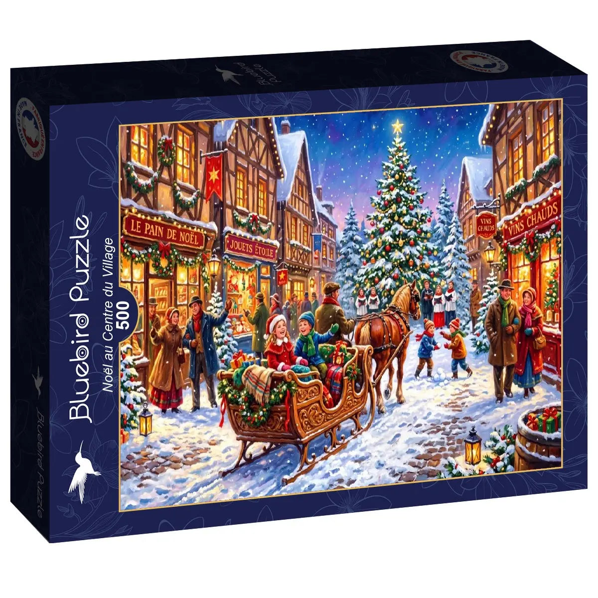 Box, turned right: Christmas in the Village Center - 500 Piece Jigsaw Puzzle (Bluebird)