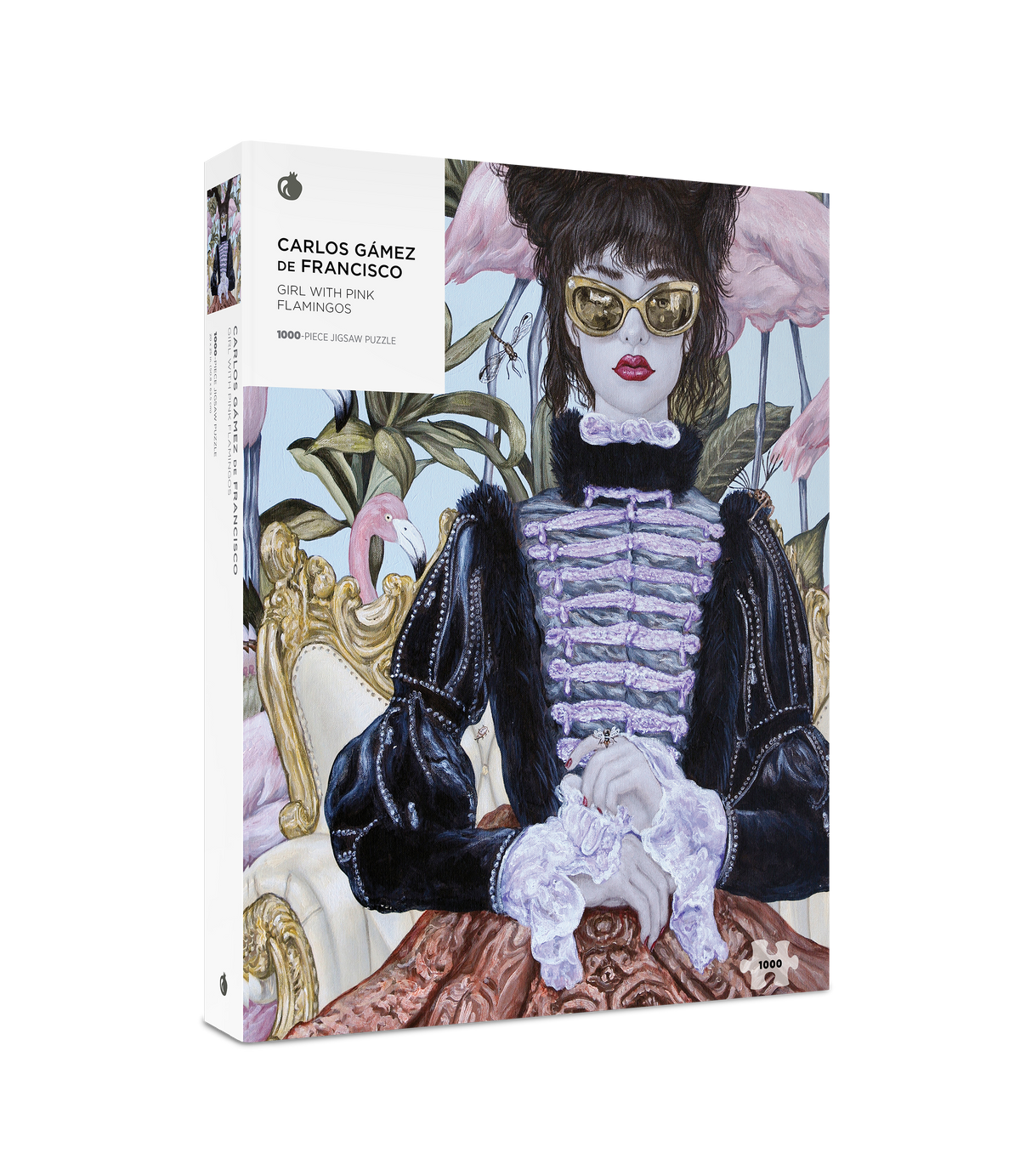 Box, turned right: Girl with Pink Flamingos by Carlos Gámez de Francisco – 1000 Piece Jigsaw Puzzle (Pomegranate)