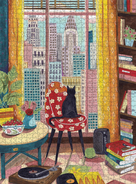 Black Cat in New York Window by Caroline Bonne Müller – 1000 Piece Jigsaw Puzzle (Pomegranate)