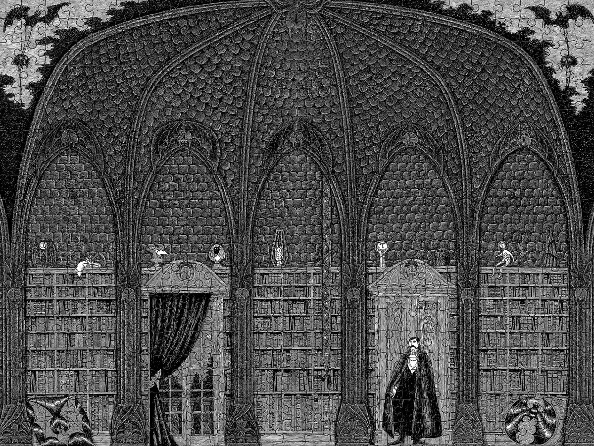 Made up: Dracula in Dr. Seward's Library by Edward Gorey – 500 Piece Jigsaw Puzzle (Pomegranate)