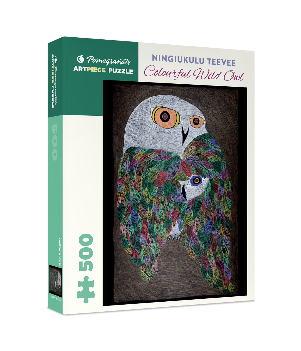 Box, turned right: Colourful Wild Owl by Ningiukulu Teevee – 500 Piece Jigsaw Puzzle (Pomegranate)