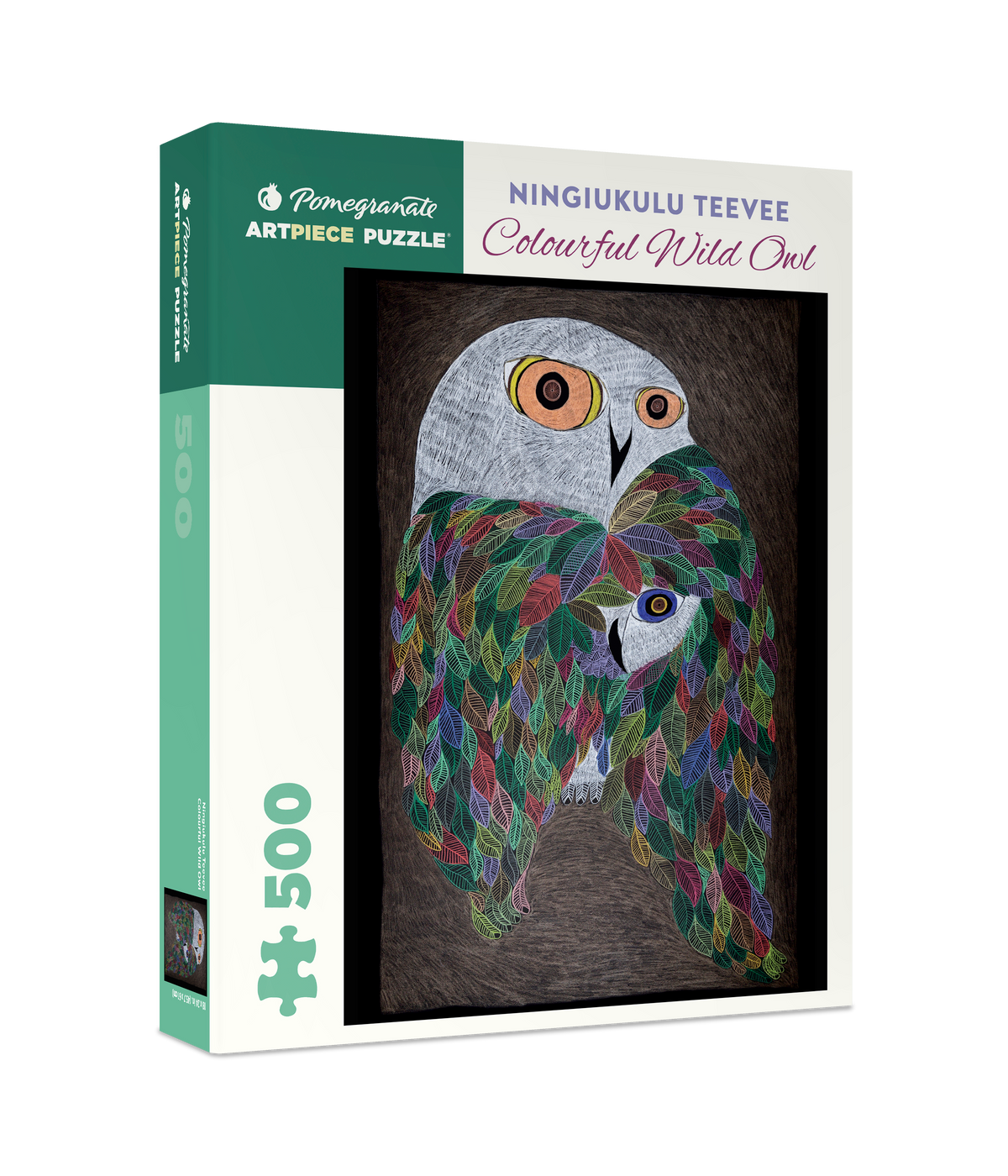 Box, turned right: Colourful Wild Owl by Ningiukulu Teevee – 500 Piece Jigsaw Puzzle (Pomegranate)