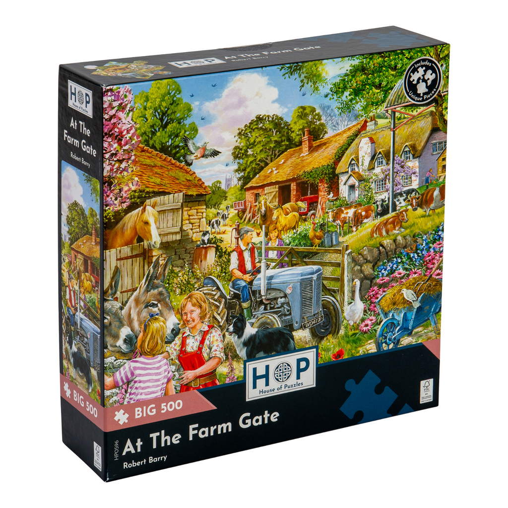 Box, turned right: At The Farm Gate – 500 XL Piece Jigsaw Puzzle (House of Puzzles)