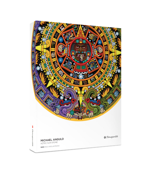 Aztec Sun Stone by Michael Angulo – 1000 Piece Circular Jigsaw Puzzle (Pomegranate) - Completed Puzzle