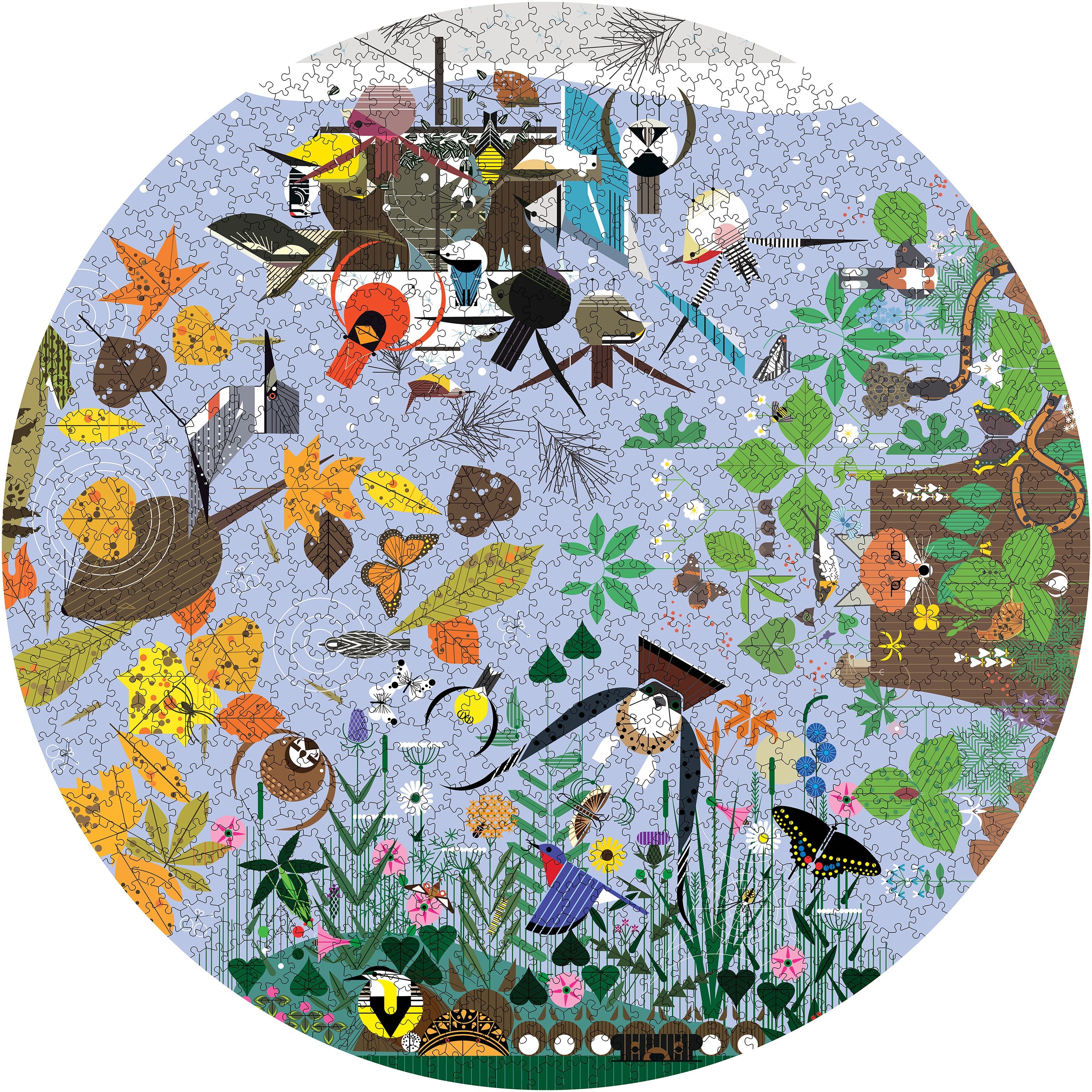 Seasons by Charley Harper – 1000 Piece Circular Jigsaw Puzzle (Pomegranate)