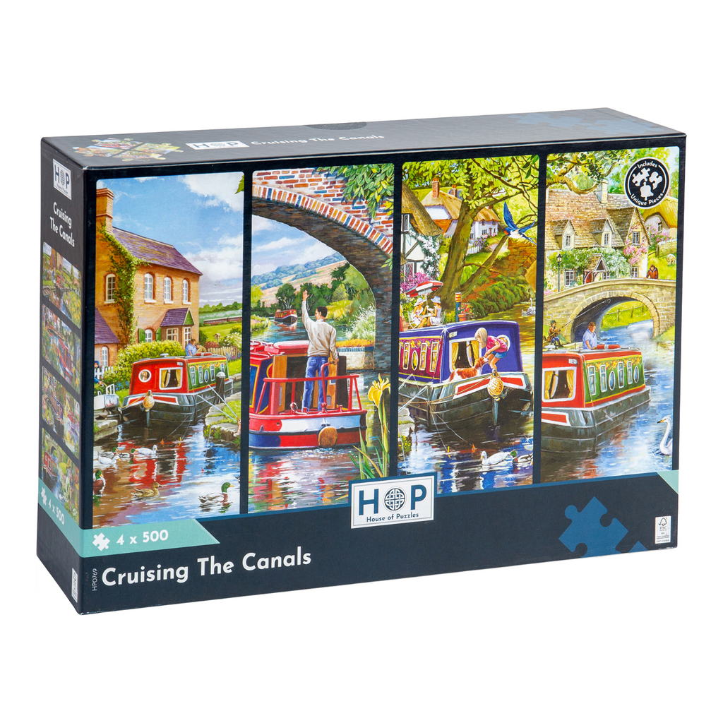 Box, turned right: Cruising The Canals – 4 x 500 Piece Jigsaw Puzzle (House of Puzzles)