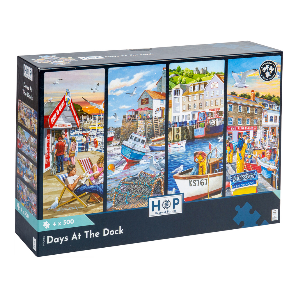 Box, turned right: Days At The Dock – 4 x 500 Piece Jigsaw Puzzle (House of Puzzles)