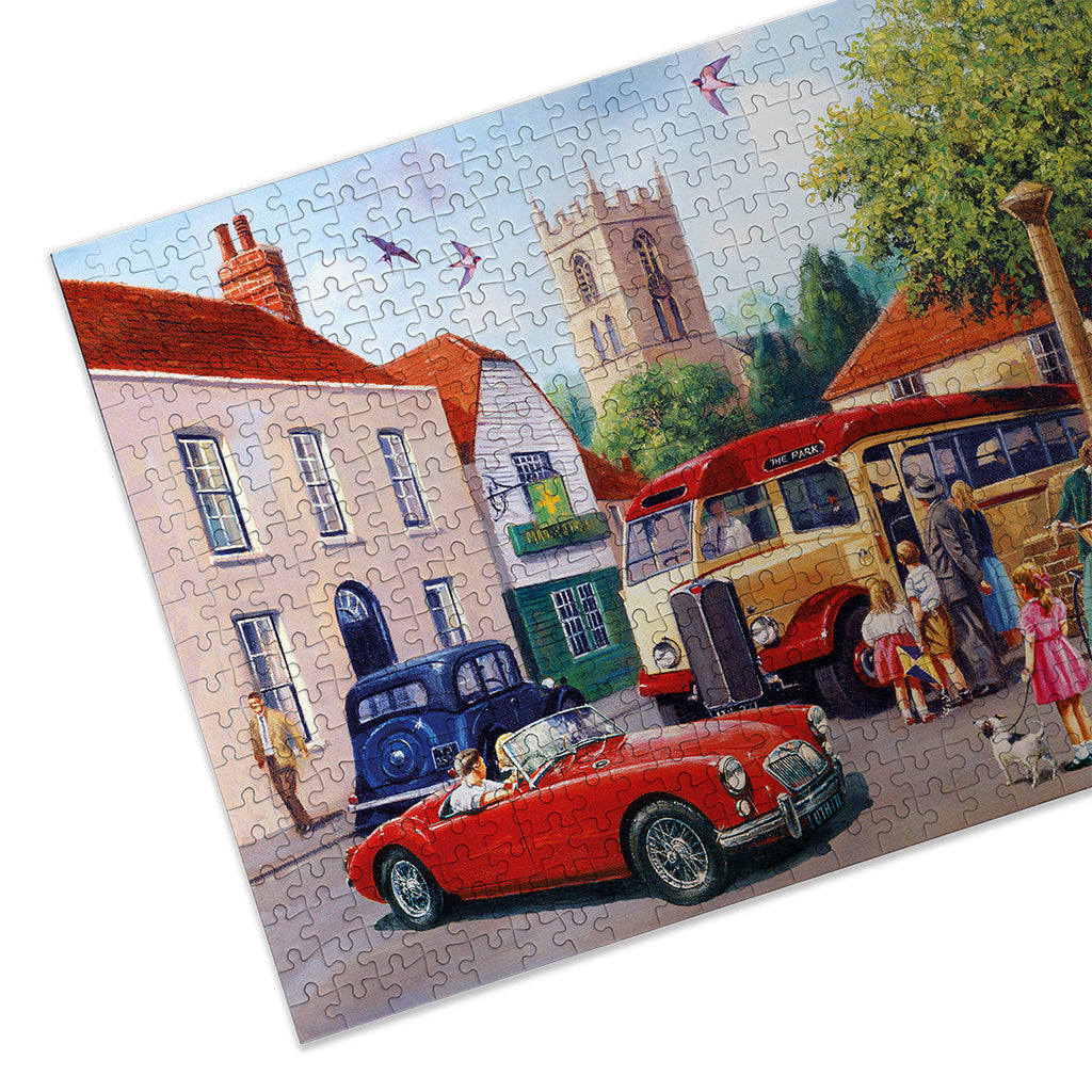 Puzzle in progress: Touring the Town by Kevin Walsh – 500 Piece Jigsaw Puzzle (Gibsons)
