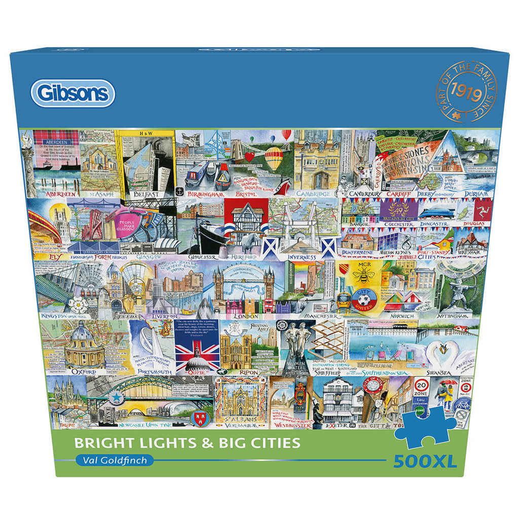 Box, straight on: Bright Lights & Big Cities – 500 XL Piece Jigsaw Puzzle (Gibsons)