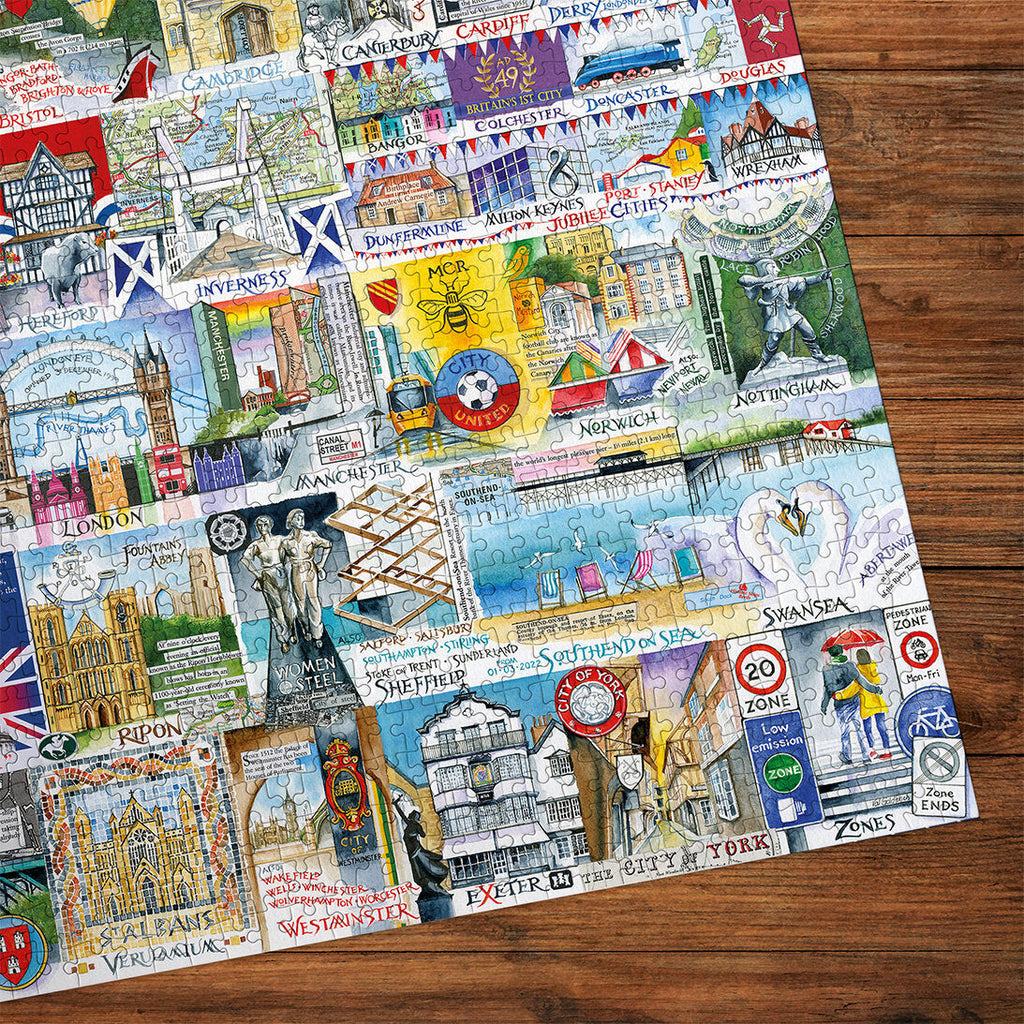 Puzzle in progress: Bright Lights & Big Cities – 500 XL Piece Jigsaw Puzzle (Gibsons)