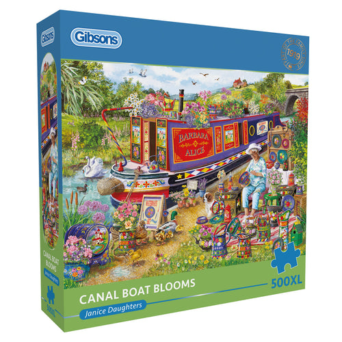 Canal Boat Blooms by Janice Daughters - 500XL Piece Jigsaw Puzzle (Gibsons) - Completed Puzzle