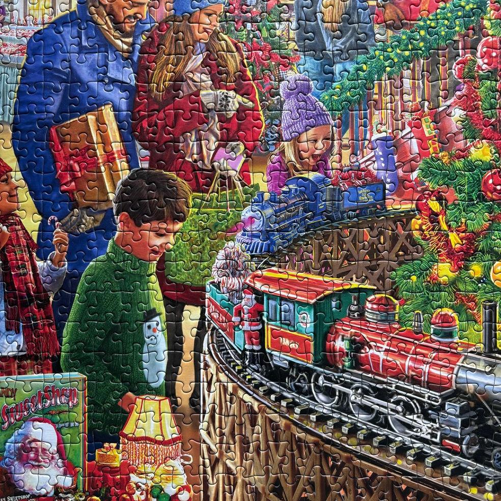 Puzzle in progress: Santa's Sweetshop – 1000 Piece Jigsaw Puzzle (Gibsons)