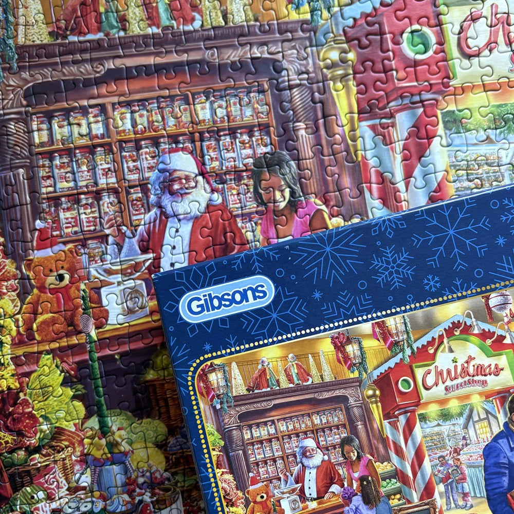 Puzzle in progress: Santa's Sweetshop – 1000 Piece Jigsaw Puzzle (Gibsons)