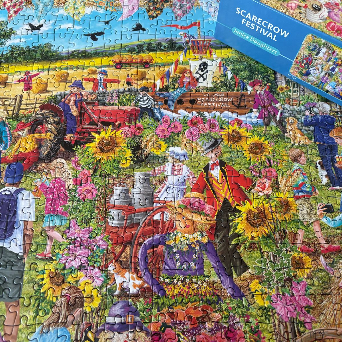 Puzzle in progress: Scarecrow Festival – 1000 Piece Jigsaw Puzzle (Gibsons)