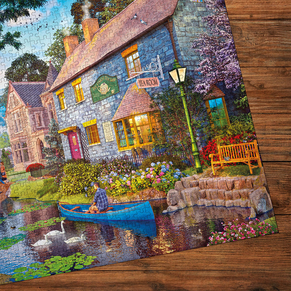 Puzzle in progress: Tea on the River by Dominic Davison – 1000 Piece Jigsaw Puzzle (Gibsons)