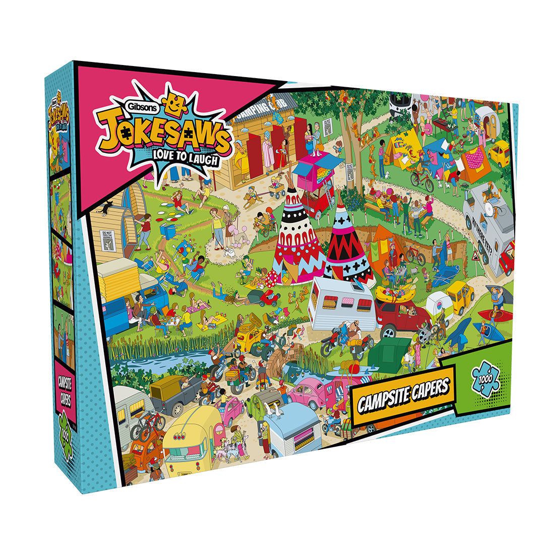 Box, turned right: Campsite Capers by Jokesaws – 1000 Piece Jigsaw Puzzle (Gibsons)