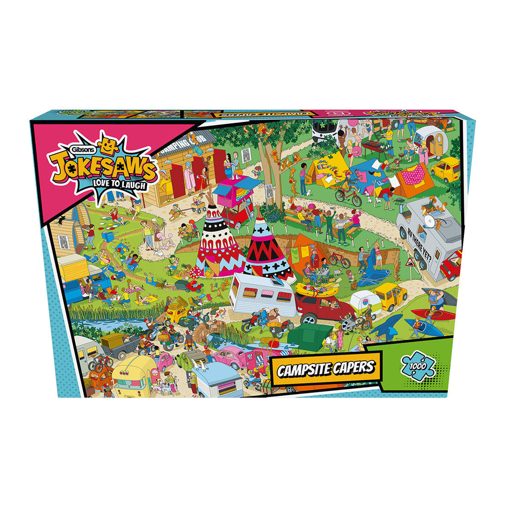 Box, straight on: Campsite Capers by Jokesaws – 1000 Piece Jigsaw Puzzle (Gibsons)