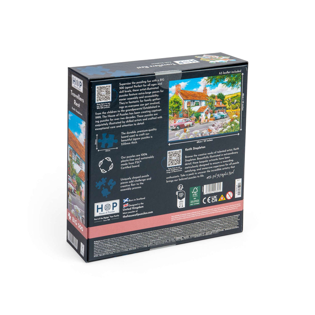 Box back: Travellers Rest – 500 Piece Jigsaw Puzzle (House of Puzzles)
