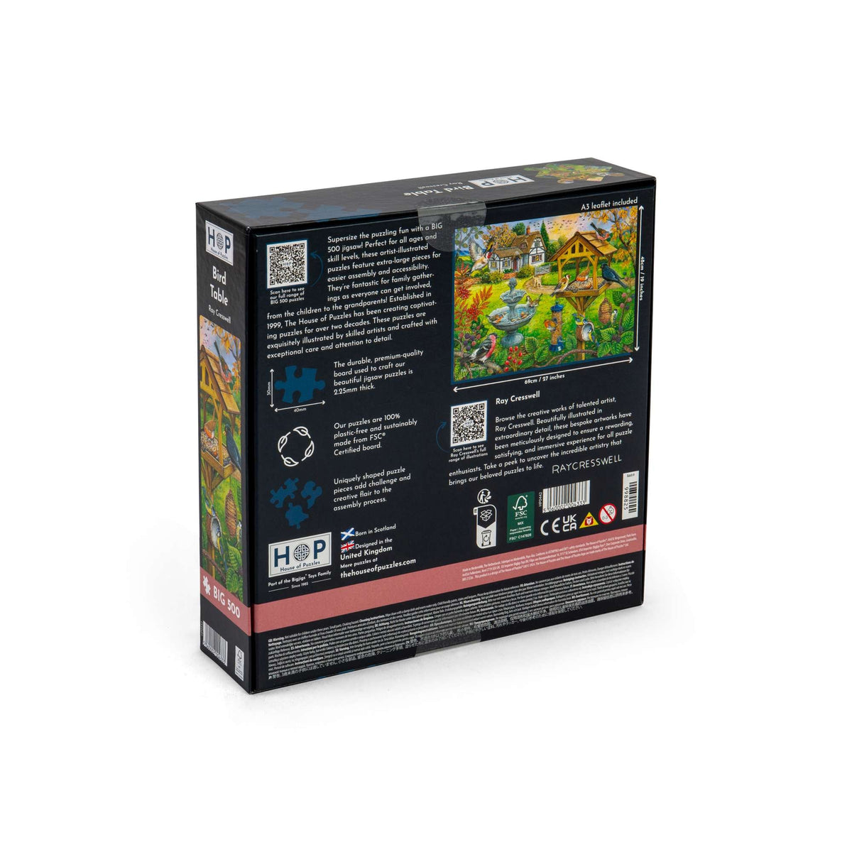 Box back: Bird Table – 500 Piece Jigsaw Puzzle (House of Puzzles)