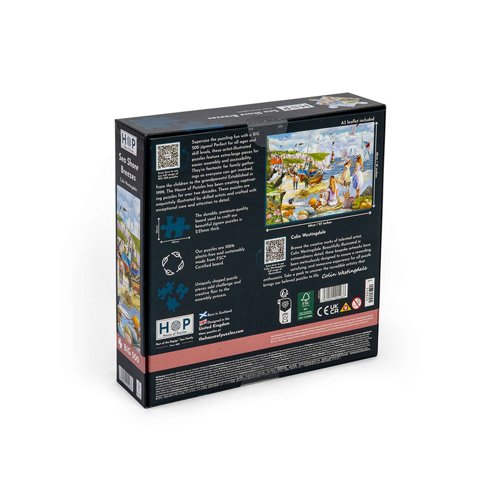 Box back: Sea Shore Breezes – 500 XL Piece Jigsaw Puzzle (House of Puzzles)