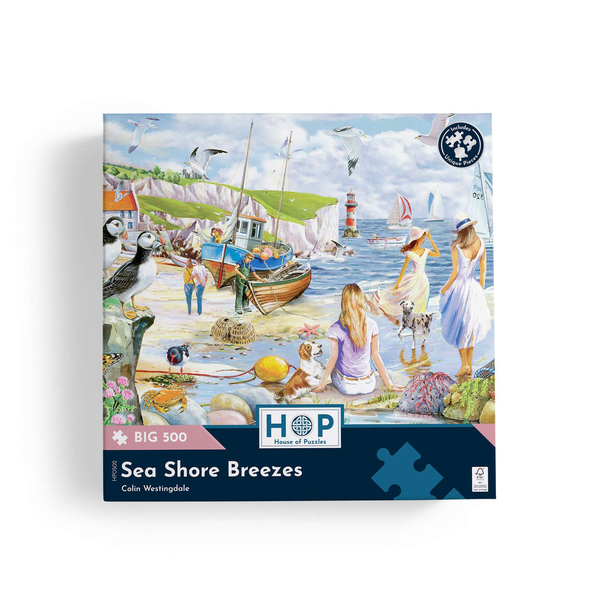 Box, straight on: Sea Shore Breezes – 500 XL Piece Jigsaw Puzzle (House of Puzzles)