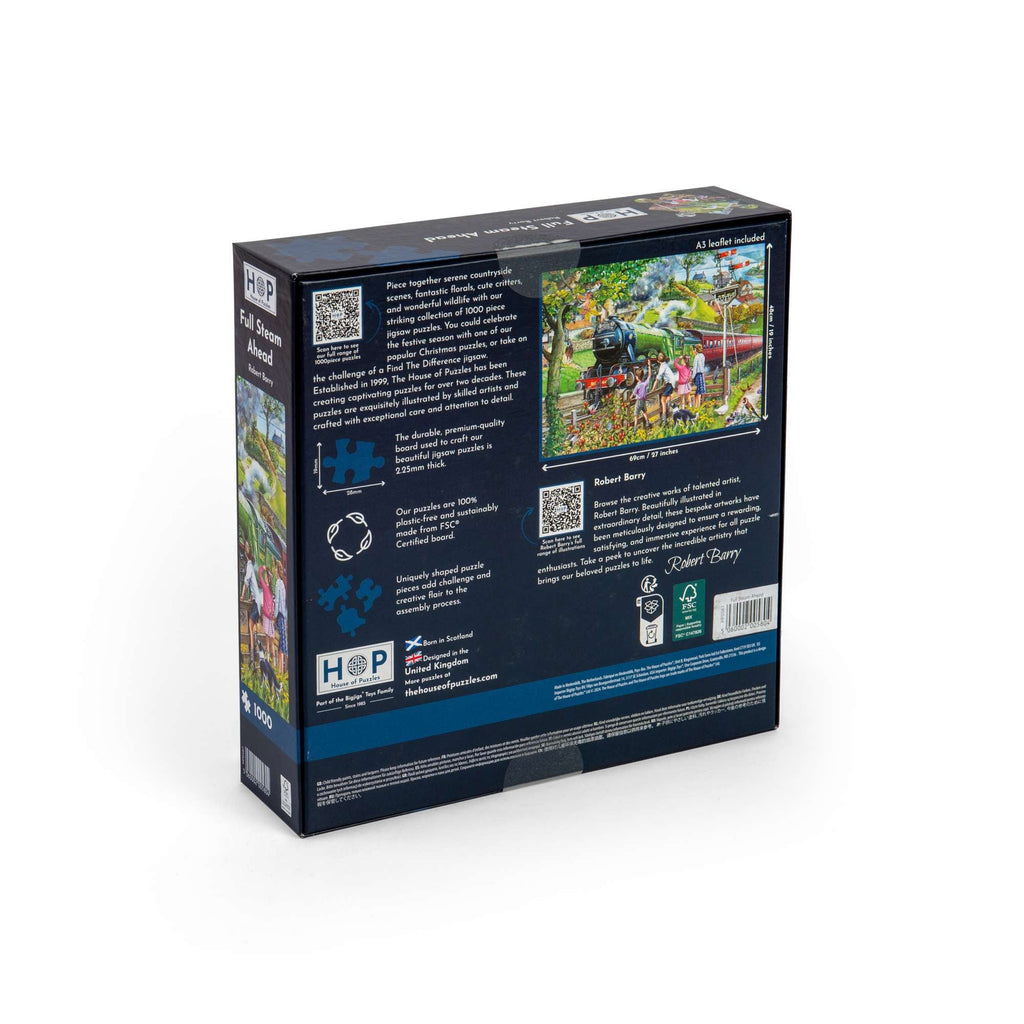 Box back: Full Steam Ahead – 1000 Piece Jigsaw Puzzle (House of Puzzles)