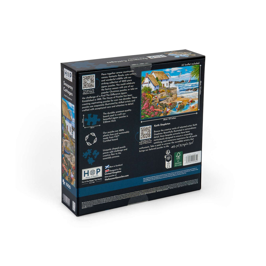 Box back: Seaspray Cottages – 1000 Piece Jigsaw Puzzle (House of Puzzles)