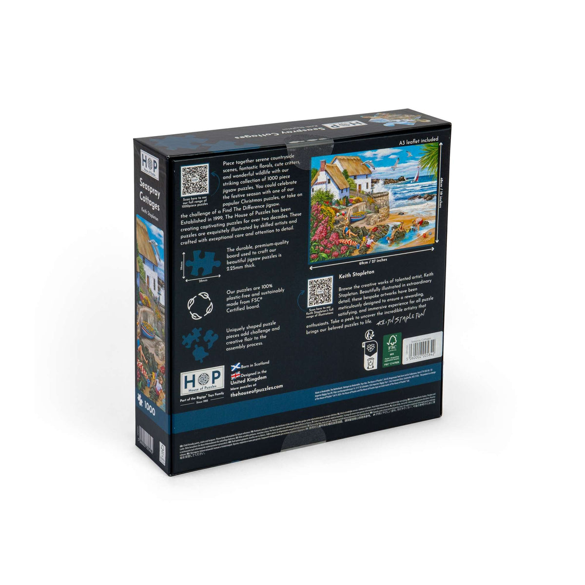 Box back: Seaspray Cottages – 1000 Piece Jigsaw Puzzle (House of Puzzles)