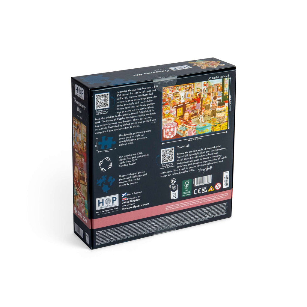 Box back: Thrupenny Bits – 500 XL Piece Jigsaw Puzzle (House of Puzzles)
