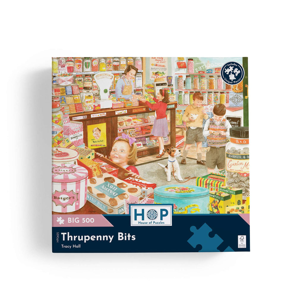 Box, straight on: Thrupenny Bits – 500 XL Piece Jigsaw Puzzle (House of Puzzles)