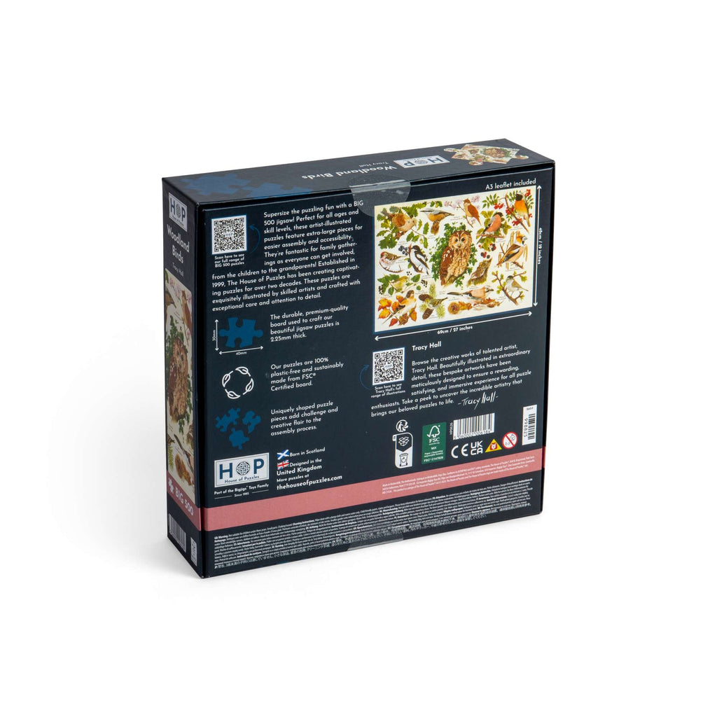 Box back: Woodland Birds – 500 XL Piece Jigsaw Puzzle (House of Puzzles)