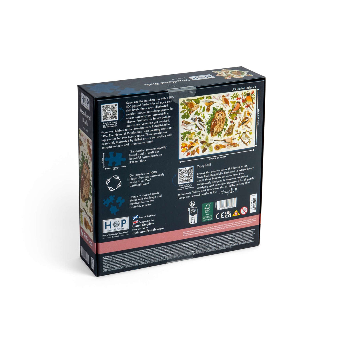 Box back: Woodland Birds – 500 XL Piece Jigsaw Puzzle (House of Puzzles)