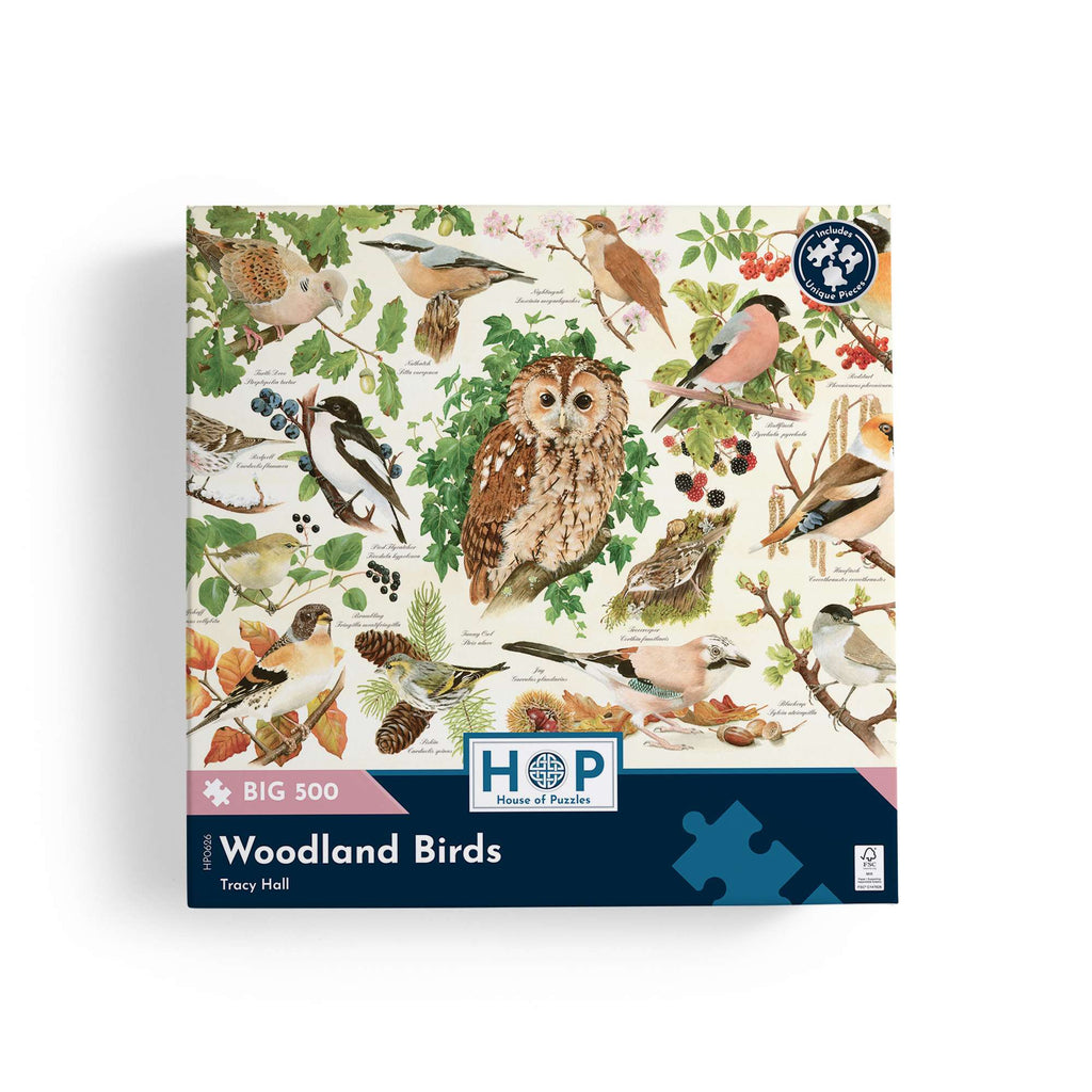 Box, straight on: Woodland Birds – 500 XL Piece Jigsaw Puzzle (House of Puzzles)
