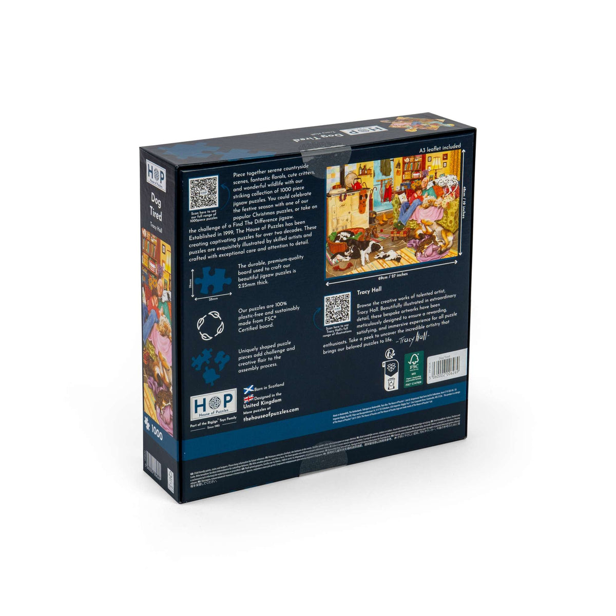Box back: Dog Tired – 1000 Piece Jigsaw Puzzle (House of Puzzles)