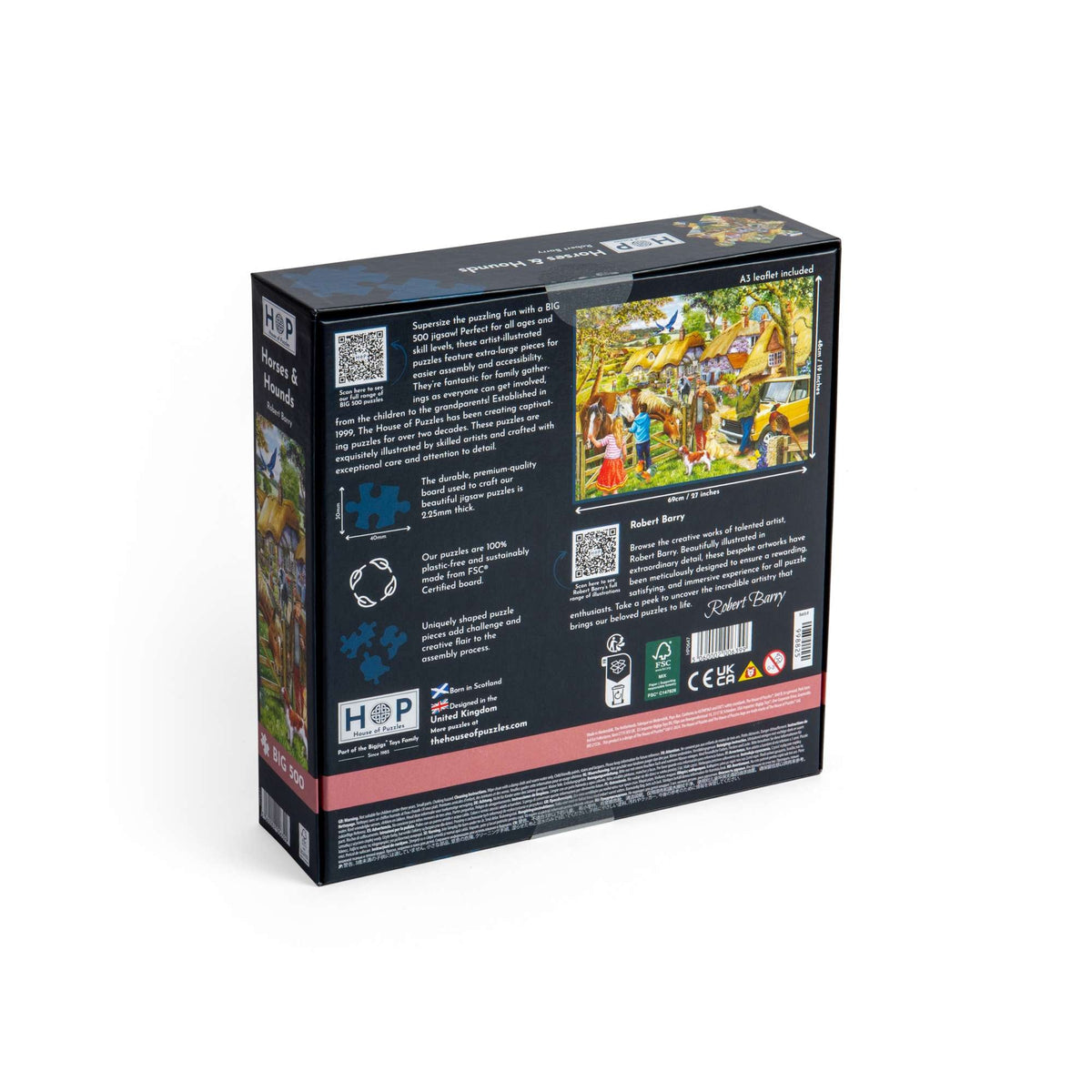 Box back: Horses & Hounds – 500 XL Piece Jigsaw Puzzle (House of Puzzles)