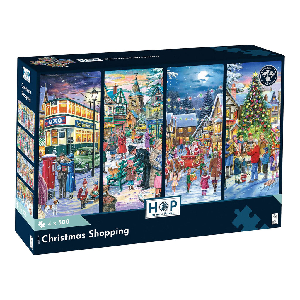 Box, turned right: Christmas Shopping – 4 x 500 Piece Jigsaw Puzzle (House of Puzzles)
