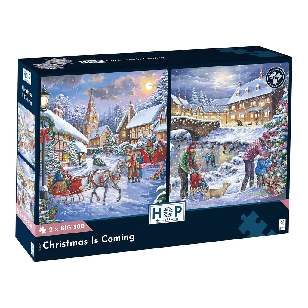 Box, turned right: Christmas Is Coming – 2 x 500 XL Piece Jigsaw Puzzle (House of Puzzles)