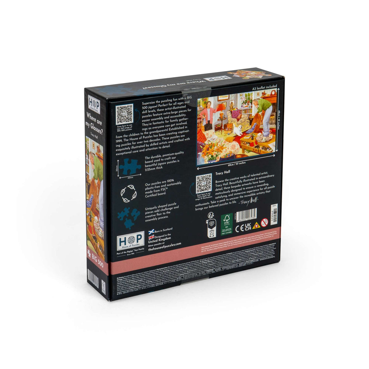 Box back: Where are my Glasses? – 500 XL Piece Jigsaw Puzzle (House of Puzzles)