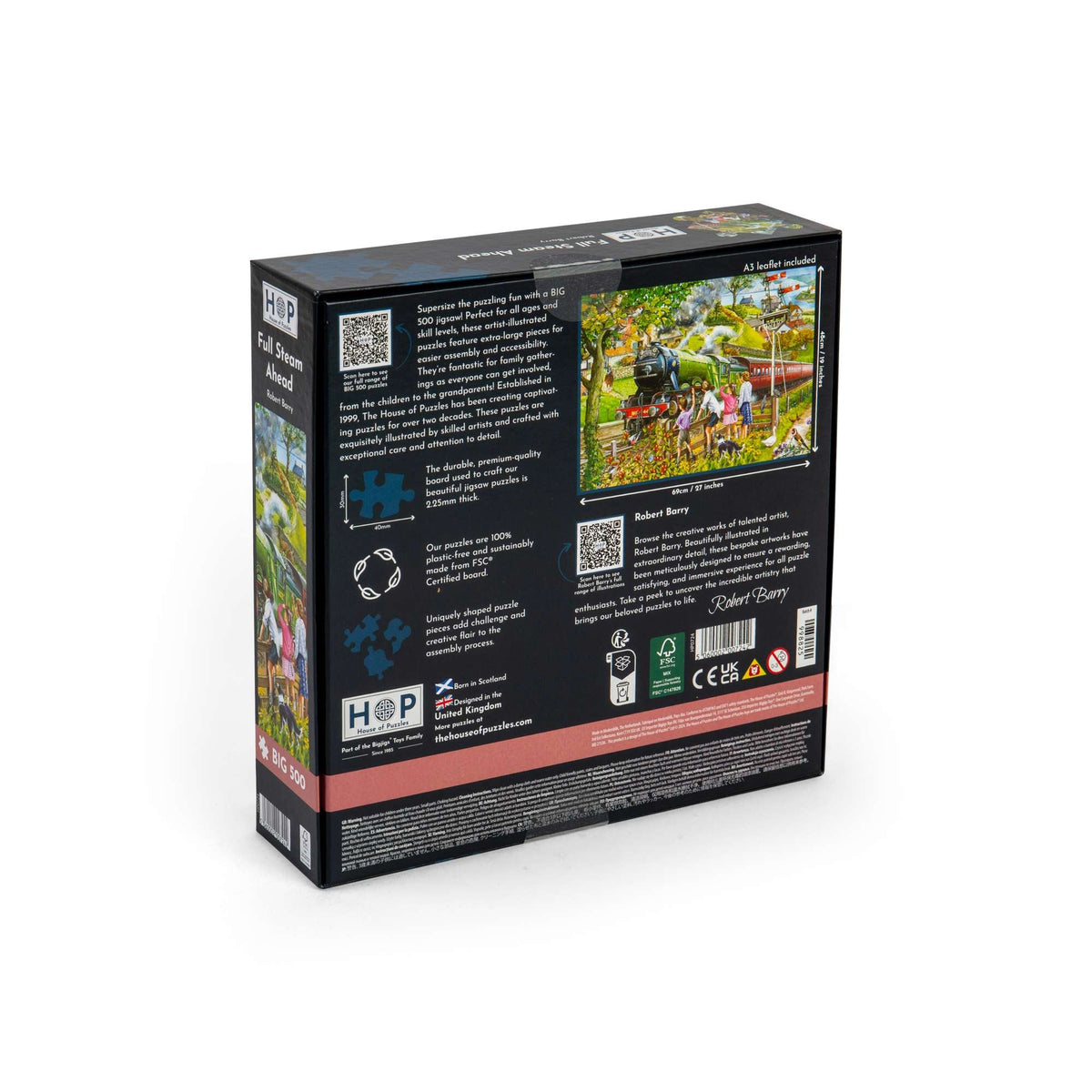 Box back: Full Steam Ahead – 500 XL Piece Jigsaw Puzzle (House of Puzzles)