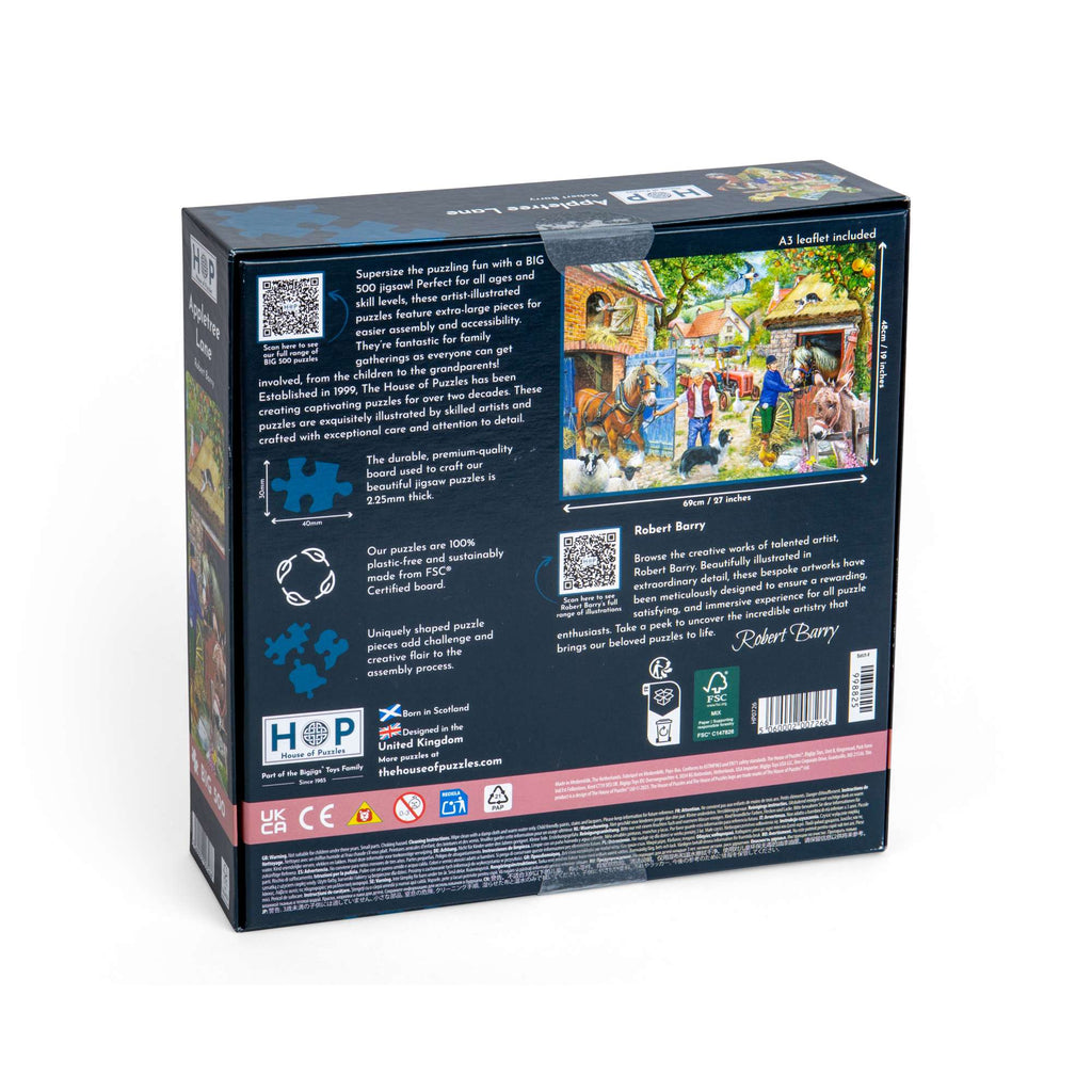 Box back: Appletree Lane – 500 XL Piece Jigsaw Puzzle (House of Puzzles)