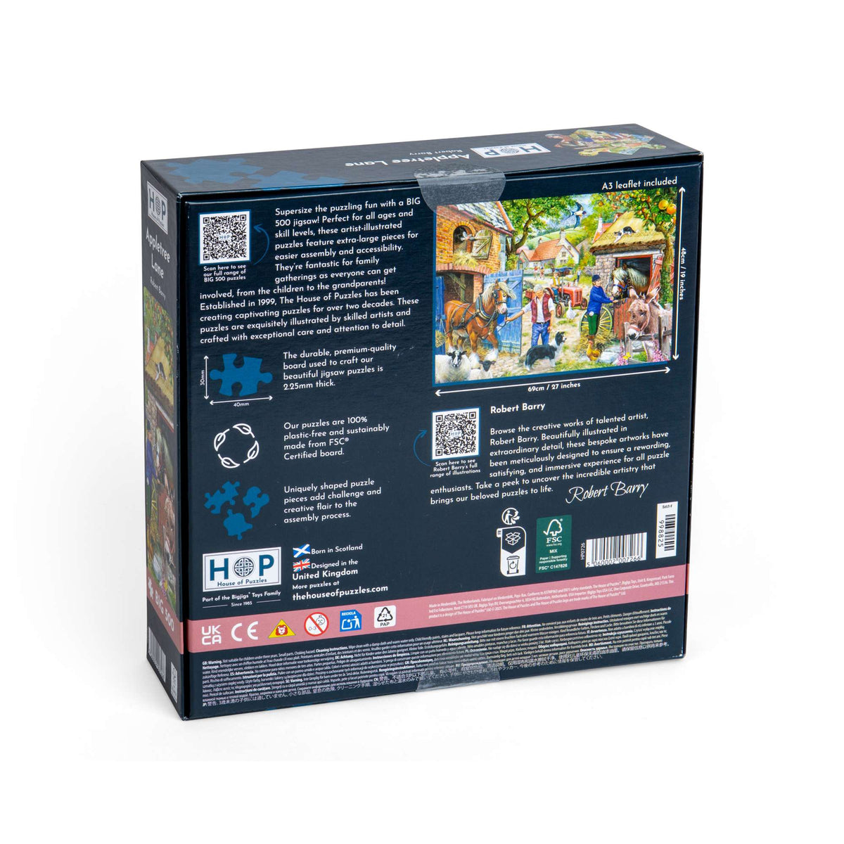 Box back: Appletree Lane – 500 XL Piece Jigsaw Puzzle (House of Puzzles)