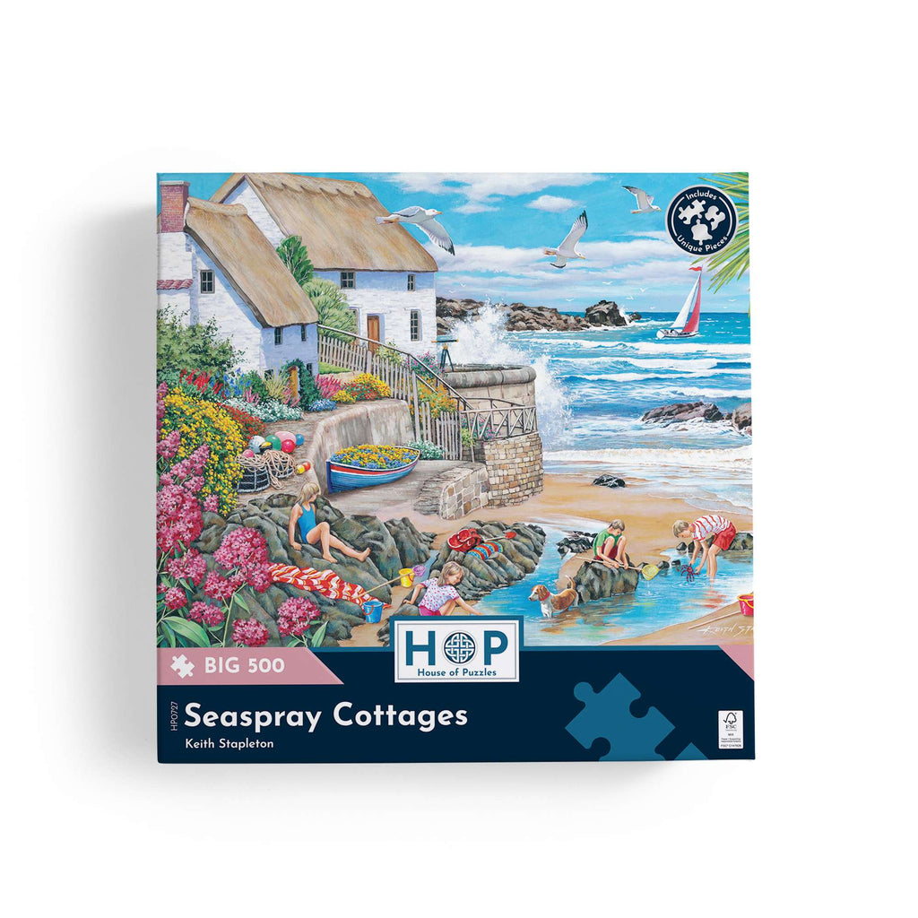 Box, straight on: Seaspray Cottages – 500 XL Piece Jigsaw Puzzle (House of Puzzles)