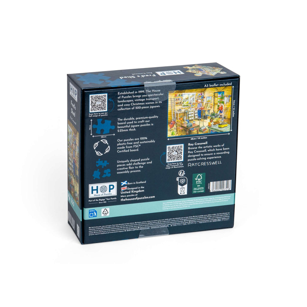 Box back: Fred's Shed – 500 Piece Jigsaw Puzzle (House of Puzzles)