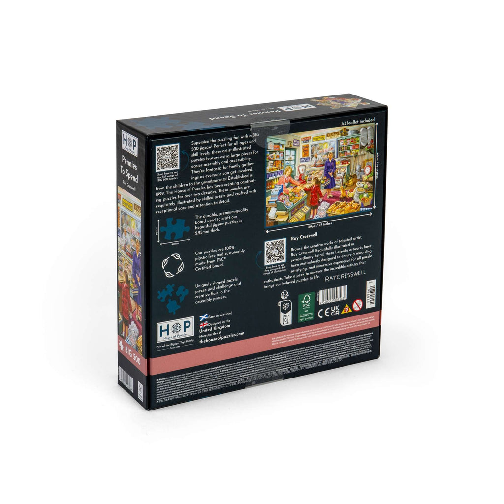 Box back: Pennies To Spend – 500 XL Piece Jigsaw Puzzle (House of Puzzles)
