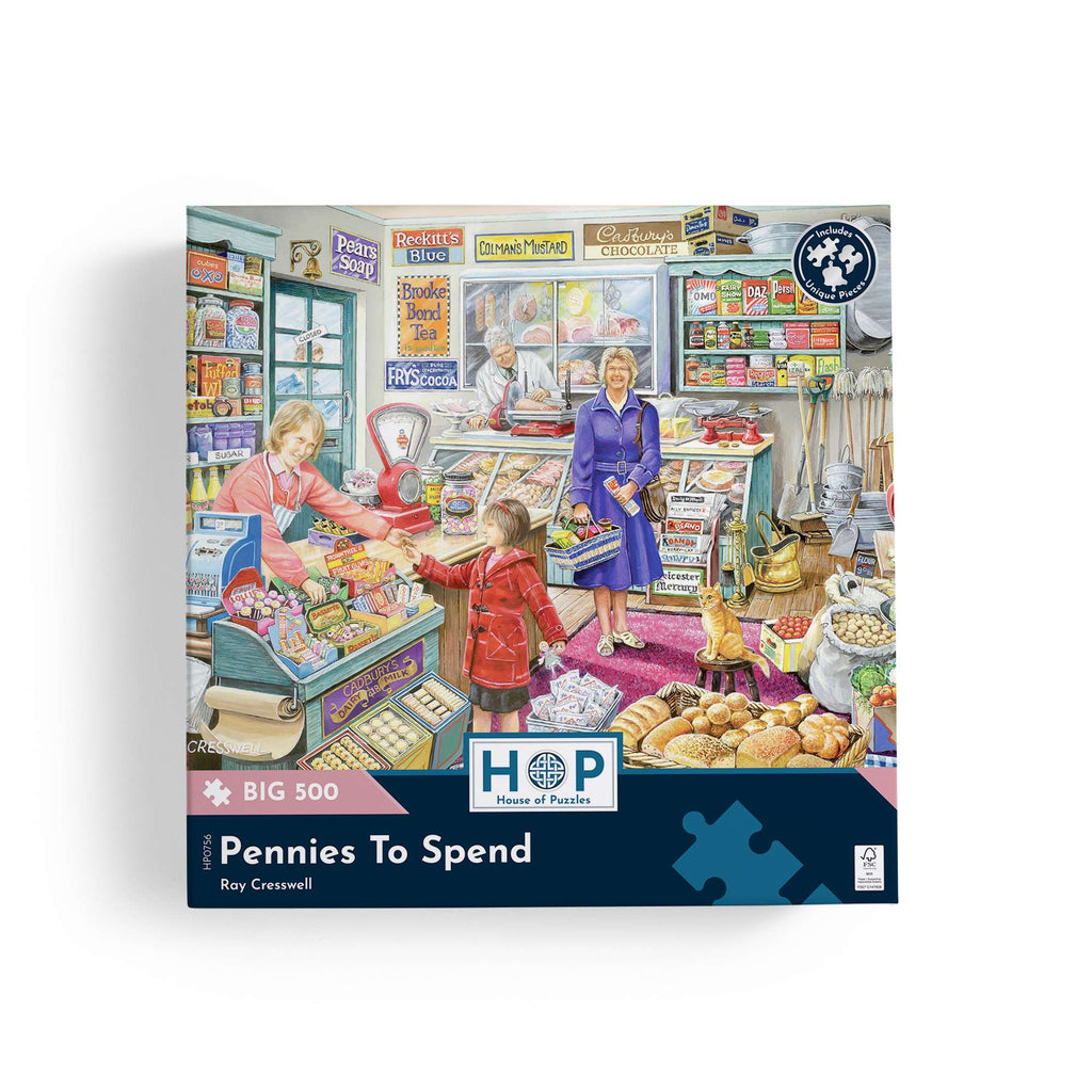 Box, straight on: Pennies To Spend – 500 XL Piece Jigsaw Puzzle (House of Puzzles)