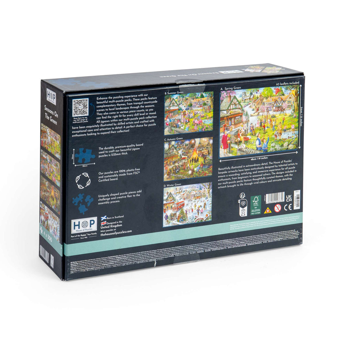 Box back: Seasons On The Green – 4 x 500 Piece Jigsaw Puzzle (House of Puzzles)