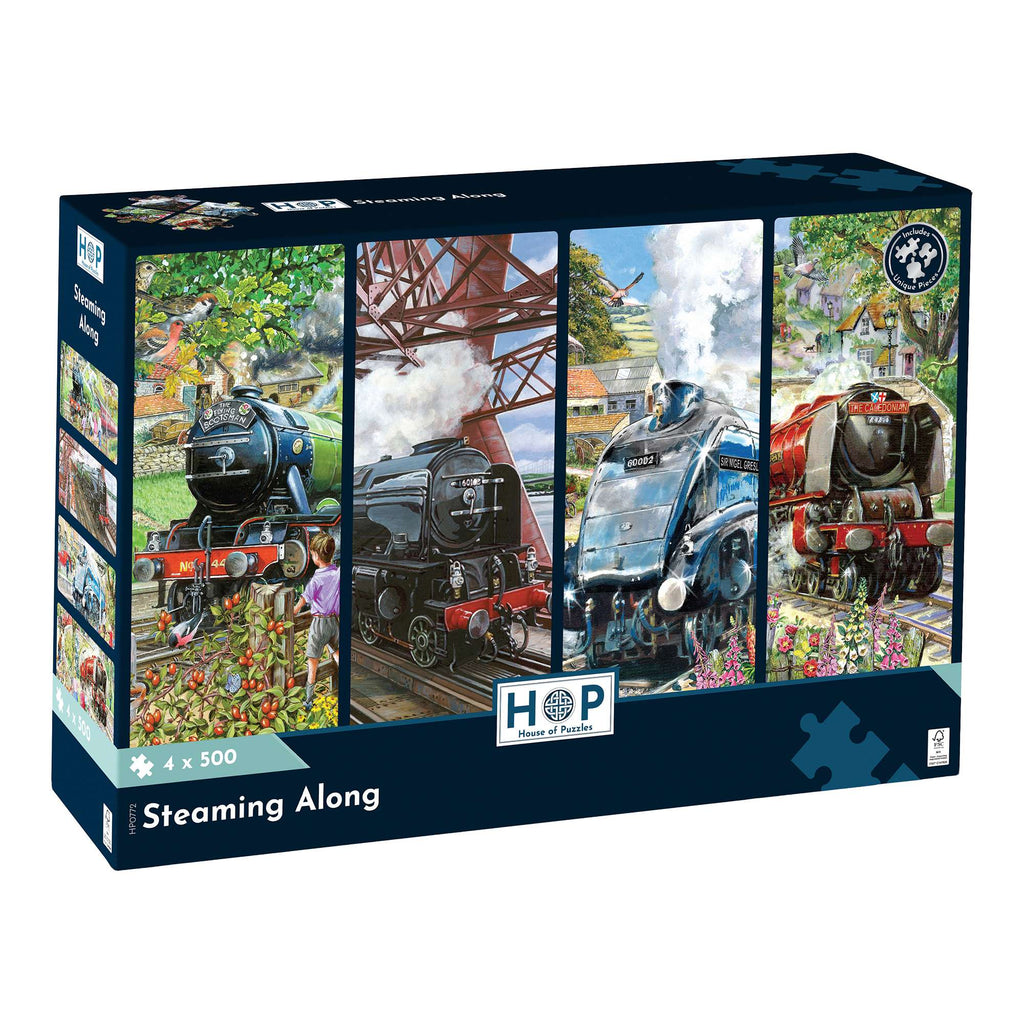 Box, turned right: Steaming Along – 4 x 500 Piece Jigsaw Puzzle (House of Puzzles)